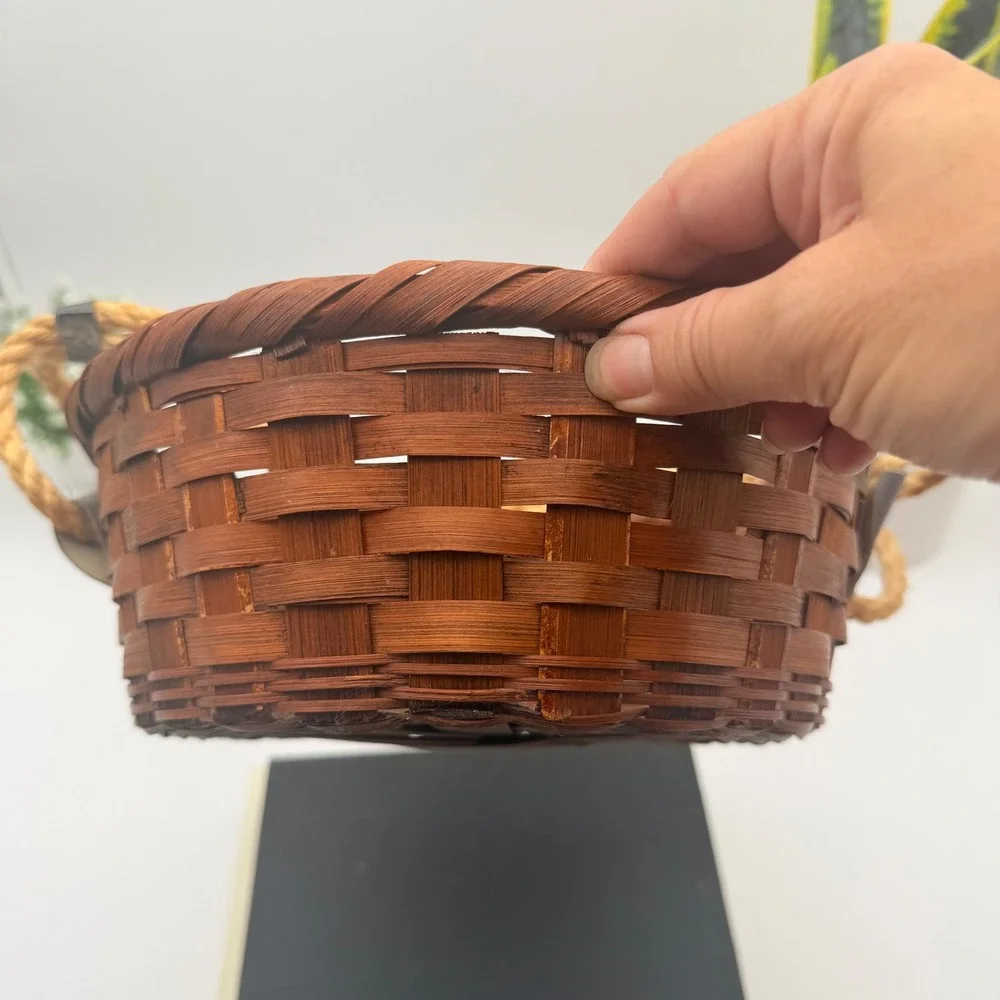 Vintage Woven Bamboo Basket with Rope Handles Made in Japan Dark Reddish Brown